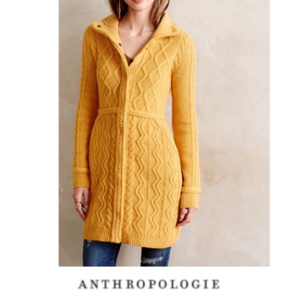 Anthropologie Yellow Cable Knit Coat